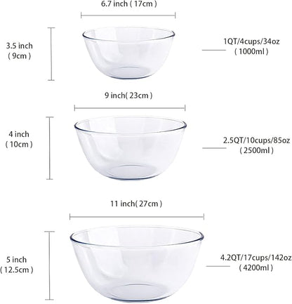 Homwin Glass Mixing Bowl Set for Baking 3-Piece Salad Bowl Set, High - Image 3