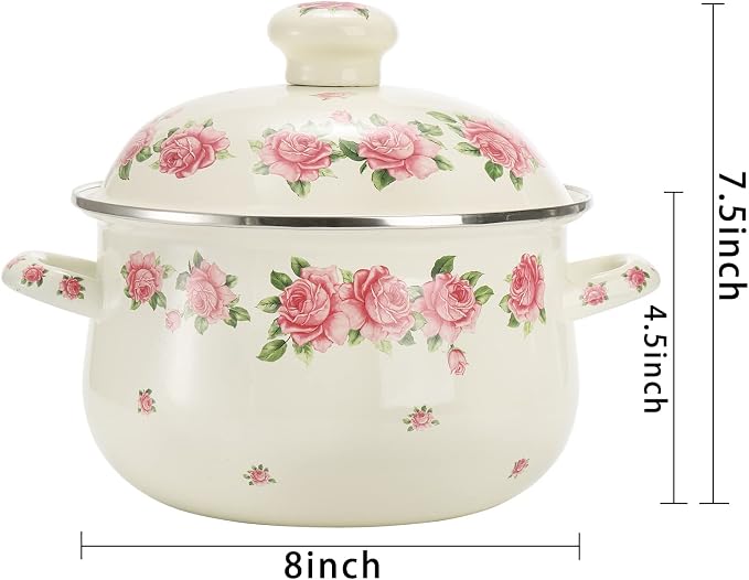 SOUJOY Enamel Stockpot with Lid, 2.8 Quart Retro Cooking Pot, Vintage Floral - Image 2