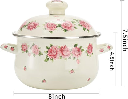 SOUJOY Enamel Stockpot with Lid, 2.8 Quart Retro Cooking Pot, Vintage Floral - Image 2