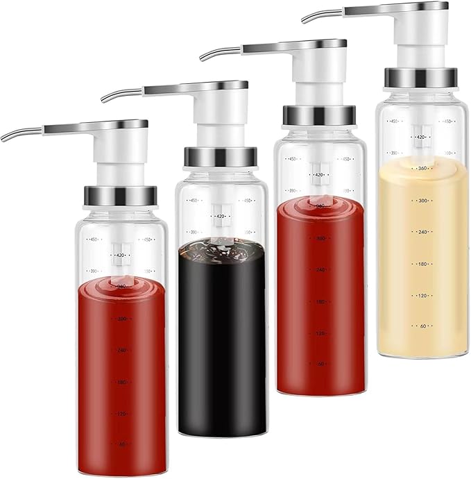 Sauce Pump Dispensers, Coffee Syrup Dispenser, 17oz Glass Bottle with Stainless Steel Pumps, Leak-Proof, Food Grade Pumps for Honey, Syrups, Oil, Condiments, Salad Dressings (4 x Units)