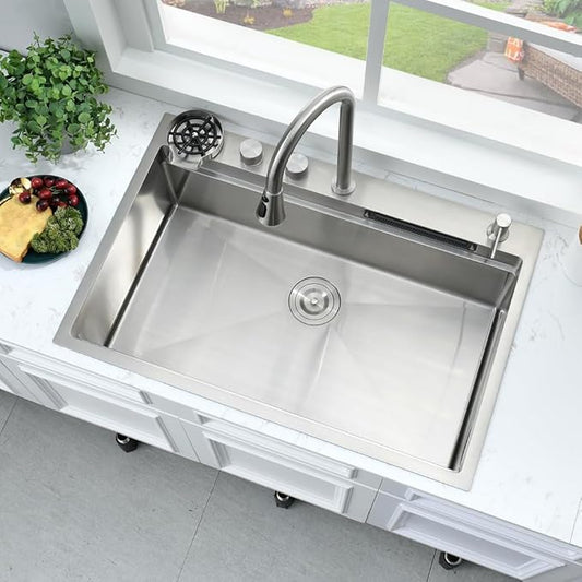 33 Inch Waterfall Drop In Kitchen Sink with Fuacet Combo-Bokaiya 33x22 Waterfall Kitchen Sink with Cup Washer Stainess Steel Top Mount 16 Gauge Multifunctional Deep Single Bowl Modern Kitchen Sinks