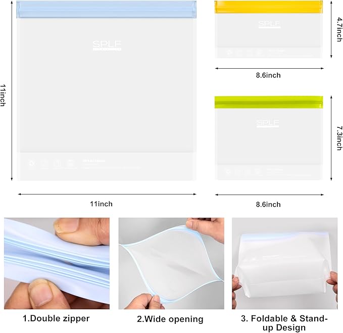 SPLF 10 Pack Stand-Up Reusable Food Storage Bags Dishwasher Safe, BPA Free Reusable Freezer Bags, Extra Thick Silicone for Meal Prep, Sandwich, Bread, Veggies - 3 Gallon 4 Quart 3 Snack
