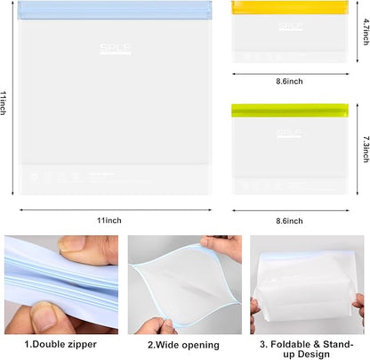 SPLF 10 Pack Stand-Up Reusable Food Storage Bags Dishwasher Safe, BPA Free Reusable Freezer Bags, Extra Thick Silicone for Meal Prep, Sandwich, Bread, Veggies - 3 Gallon 4 Quart 3 Snack