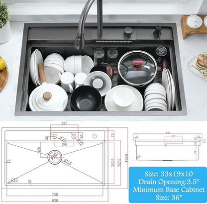 33 Inch Black Waterfall Kitchen Sink Workstation -Bokaiya 33x19 Drop In Kitchen Sink with Faucet Black Stainless Steel Waterfall Sink 16 Gauge Single Bowl Modern Kitchen Sinks with Cutting Board