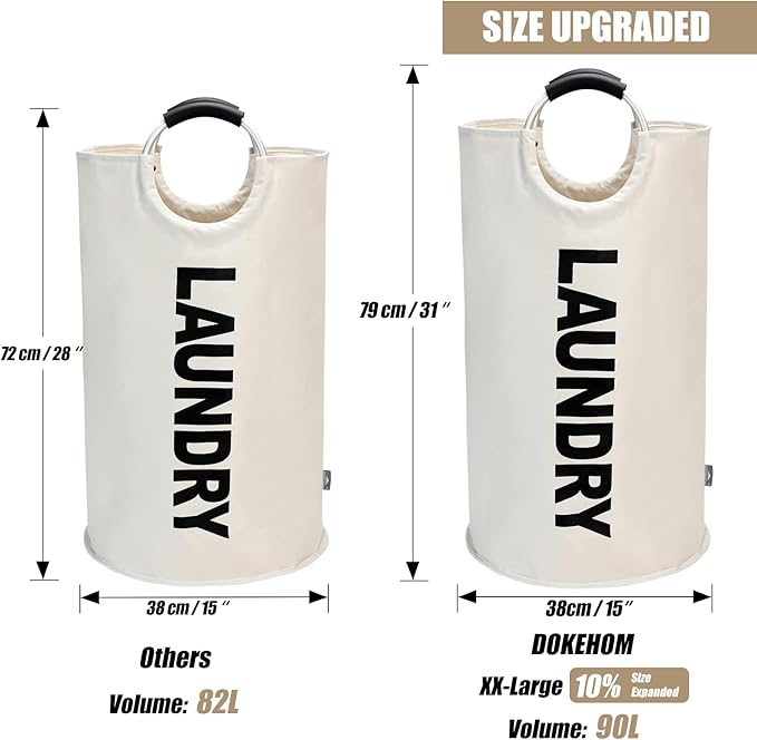 DOKEHOM 90L Large Laundry Basket, Collapsible Laundry Bag, Freestanding Tall Clothes Hamper, Foldable Washing Bin (Beige)