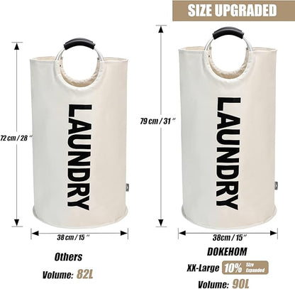 DOKEHOM 90L Large Laundry Basket, Collapsible Laundry Bag, Freestanding Tall Clothes Hamper, Foldable Washing Bin (Beige)