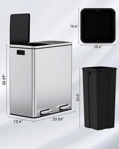 Arlopu 16 GallonStainless Steel Trash Can, 60L Dual Compartment, Metal Kitchen - Image 2