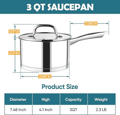 P&P CHEF 3 Quart Saucepan with Lid Set, Stainless Steel Small Cooking Pot - Image 2