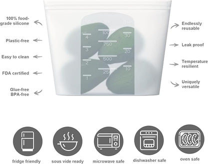 Reusable Silicone Food Storage Bag, for Microwave, Oven, Fridge, Freezer & Sous Vide Zip Sealed Containers (2 Middle size 32oz 1000ml)…