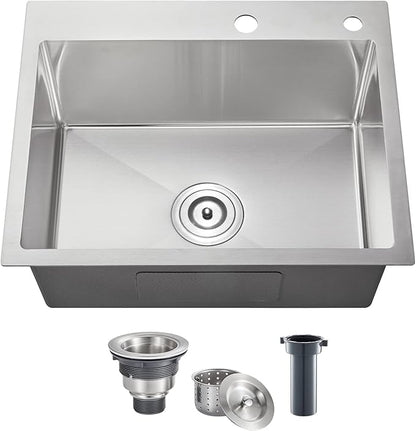 POPFLY 23 Inch Drop In Kitchen Sink, 23×18 Inch Top mount Small Bar Prep Sink,18 Gauge Stainless Steel 9 Inch Deep Single Bowl Utility Sinks with 2 Holes, Brushed