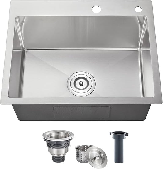 POPFLY 22 Inch Kitchen Sink, 22 x 18 Inch Drop in 18 Gauge Stainless Steel Single Bowl Laundry Sinks 2 Holes Top mount Handmade Utility Small Bar Deep Sink, Brushed