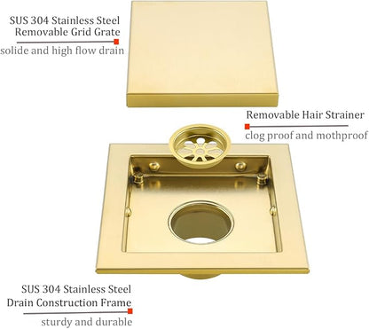 RANDOM Brushed Gold Shower Drain Square 6 inch SUS304 Stainless Steel Shower - Image 3