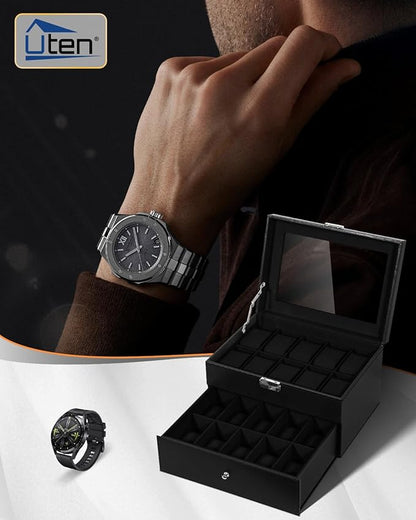 Uten 20-Slot Watch Box, 2-Layers PU Leather Watch Case with Glass Lid, Watch Holder Organizer with Soft Pillow and Velvet Lining, Watch and Jewelry Storage Box, Black