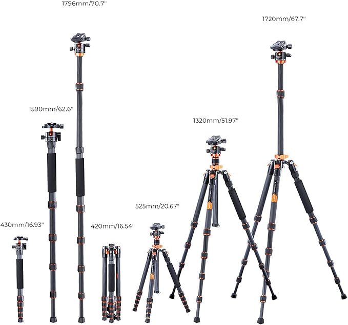 K&F Concept 68" Carbon Fiber Camera Tripod,Compact Tripods with Metal Ball Head,Quick Release Plate,Detachable Monopod 22lbs Load for DSLR Cellphone Tripods(SA255C1) D255C4+BH-28L