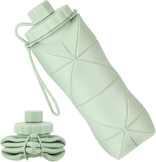 YCT Collapsible Silicone Travel Water Bottle 20oz (600ml), Reuseable Leakproof BPA Free Foldable Sports Bottle, with Carrying Strap, Green
