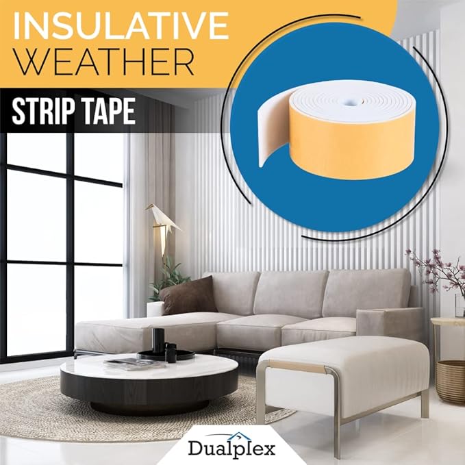 High Density Foam Weather Stripping Door Seal Strip Insulation Tape Roll for Insulating Door Frame, Window, Air Conditioner | Self Adhesive Sealing Weatherstrip (4 in x 1/16 in x 10 Ft, White)