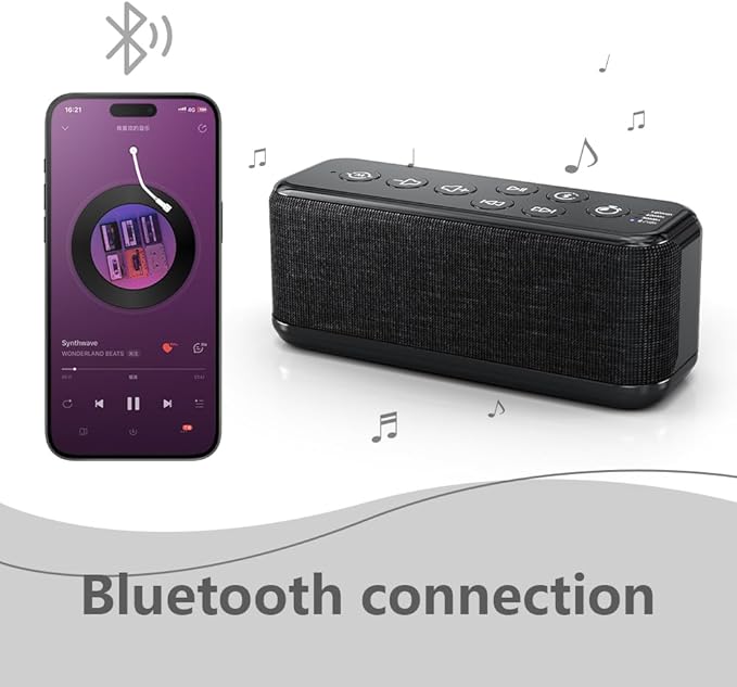 Sound Machine with Bluetooth Speaker, Rechargeable White Noise Machine, Powerful Battery for Sleep, Office, Privacy, Timers Memory Function, 15 Soothing Sound, White Noise, Rain, Fan, Ocean