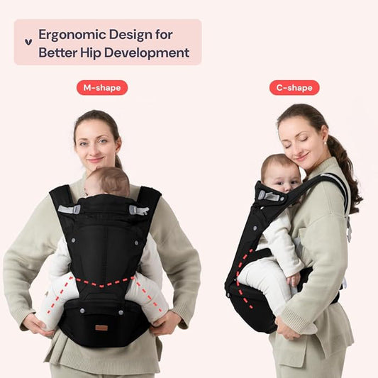 BabbleRoo Grow Carrier – 6-in-1 Baby Carrier with Hip Seat, Ergonomic, Cozy & Adjustable Toddler Carrier 7-50 lbs with Hip & Lumbar Support, Hood for Sun Protection, Newborn to Toddler, Black