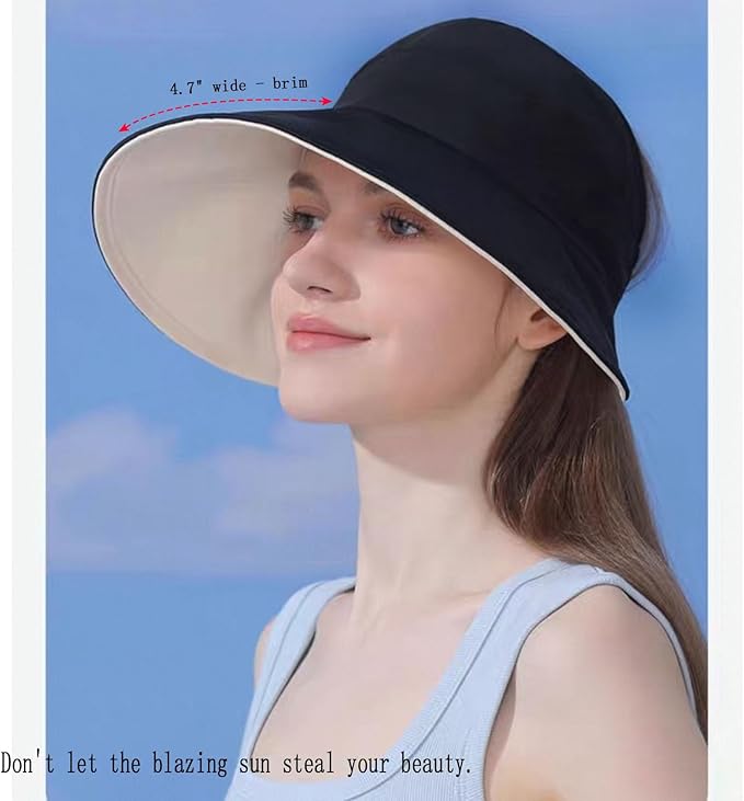 Sun Hats for Womens Wide Brim UV Protection Fishing Hats Packable Reversible Hollow Top Hat with Ponytail Beach Travel Hats