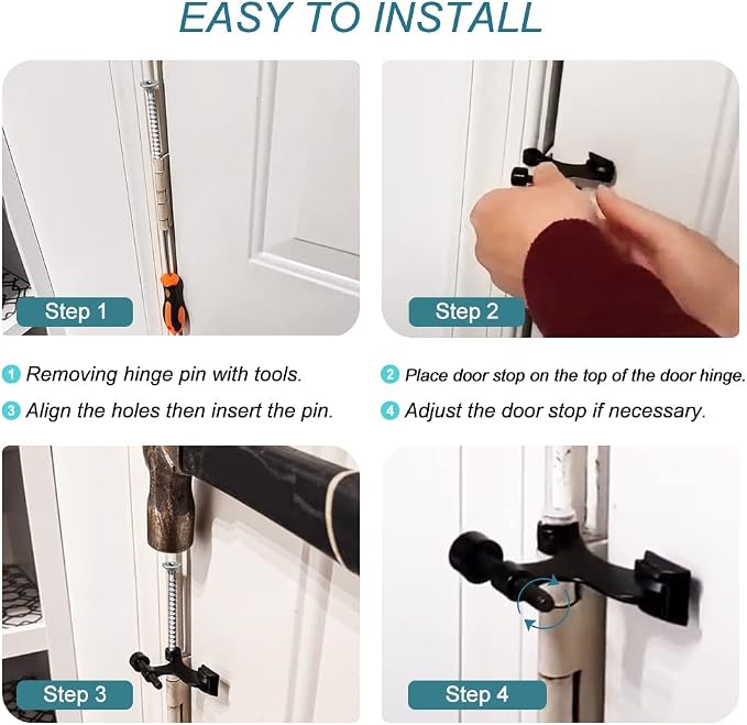 4 Pack Hinge Pin Black Door Stopper, Adjustable Heavy Duty Hinge Pin Door Stop - Image 5