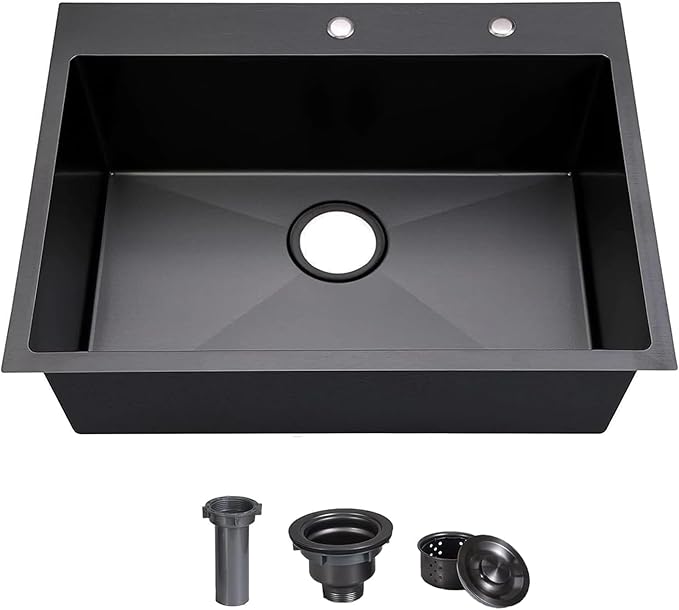 COMLLEN 33"x22"x9" Black Drop In Kitchen Sink, Top Mount SUS304 Stainless Steel Gunmetal Black 18 Gauge Large Commercial Modern Handmade Kitchen Sinks with Drain