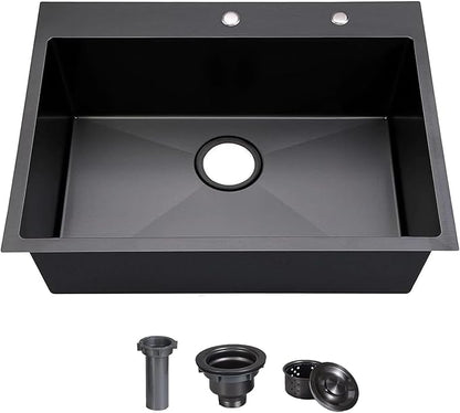 COMLLEN 33"x22"x9" Black Drop In Kitchen Sink, Top Mount SUS304 Stainless Steel Gunmetal Black 18 Gauge Large Commercial Modern Handmade Kitchen Sinks with Drain
