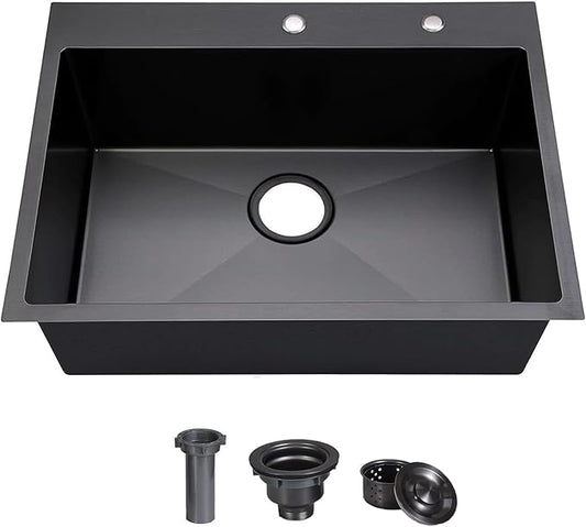 COMLLEN 33"x22"x9" Black Drop In Kitchen Sink, Top Mount SUS304 Stainless Steel Gunmetal Black 18 Gauge Large Commercial Modern Handmade Kitchen Sinks with Drain