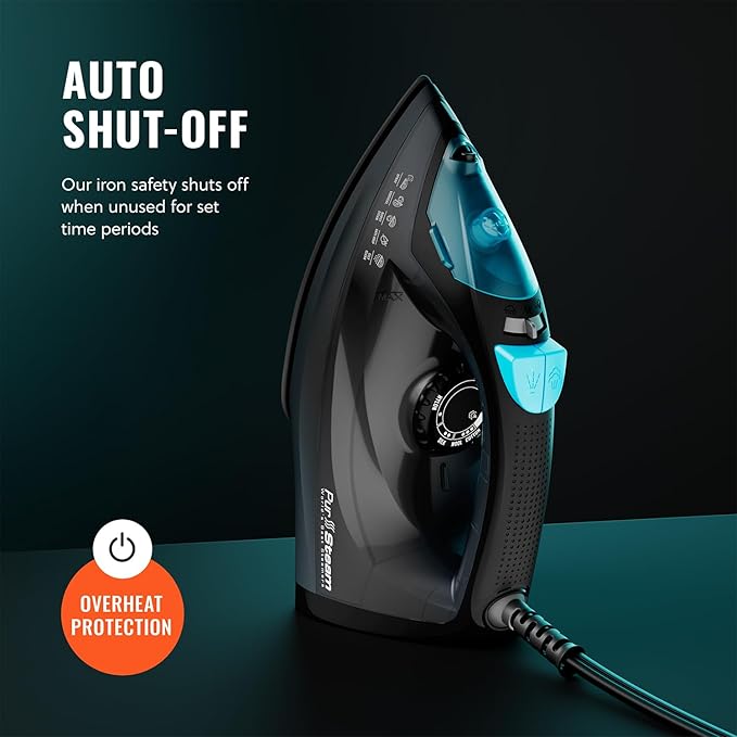 PurSteam Professional 1250W Steam Iron | Powerful Steamer with Burst of Steam & Spray | Non-Stick Soleplate, Easy Temperature Control & Auto Shut-Off