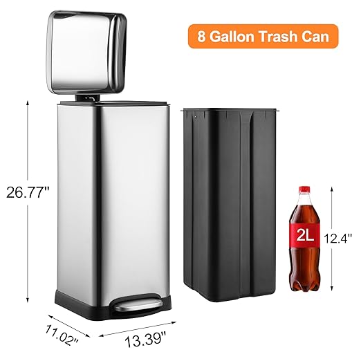 TrailBlaze 8Gallon / 30L Kitchen Trash Can, Stainless Steel Rectangular Pedal - Image 2