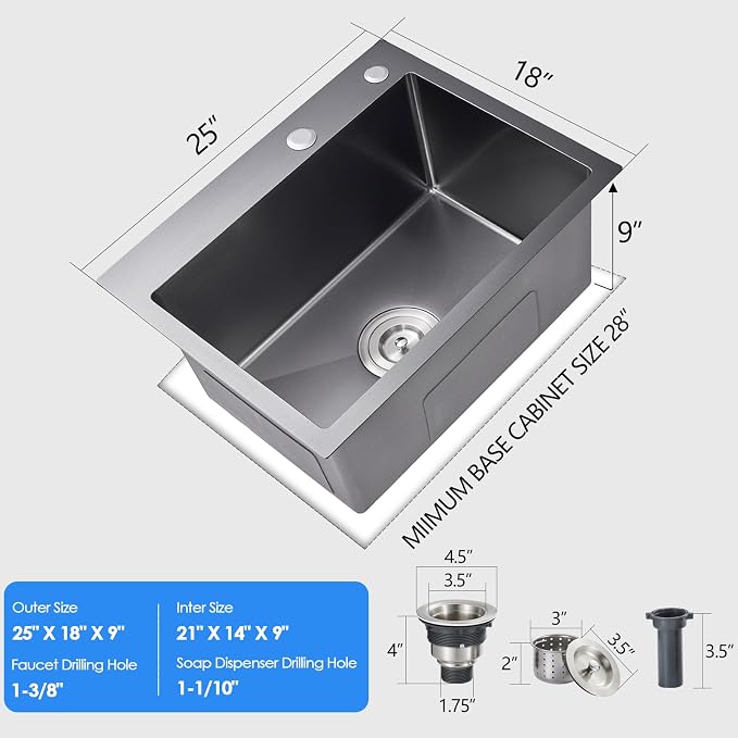 25x18x9 Inch Drop in Kitchen Sink, Handmade 304 Black Stainless Steel Single - Image 4