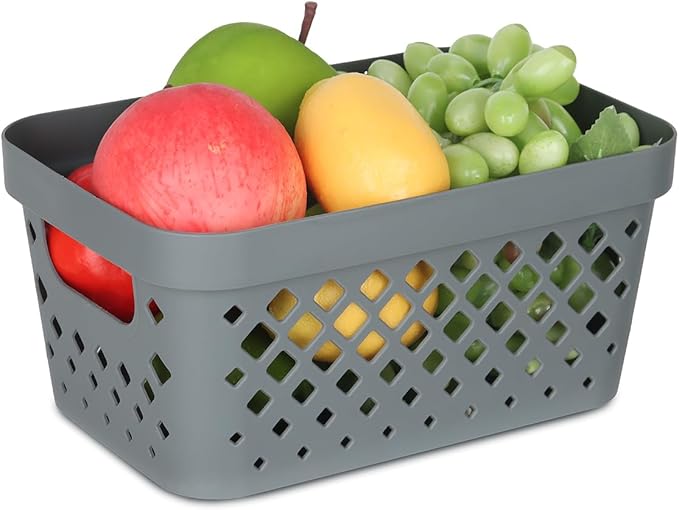 Glad Plastic Baskets for Organizing, Set of 6 | Pantry Storage for Under Counter, Linen Closet, and Bathroom | Nesting Shelf Bins with Handles, 1 Gallon, Grey