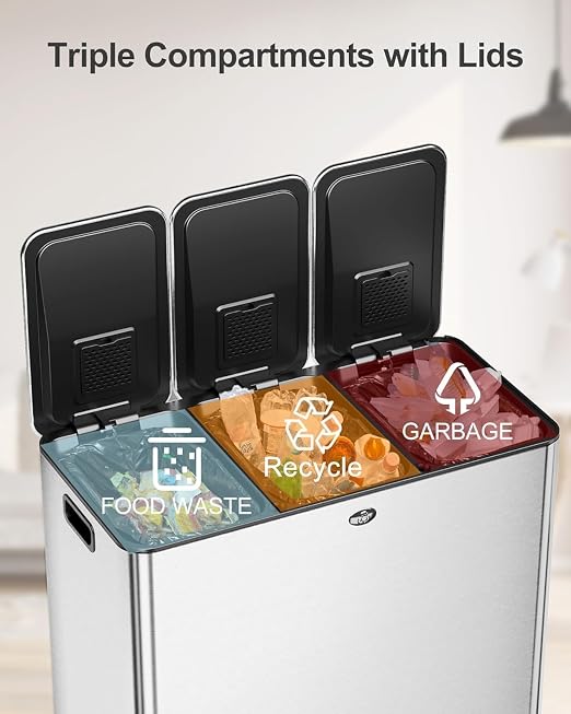 90L/3 x 7.9 Gal Trash Can, Three-Compartment Pedal Stainless Steel Kitchen - Image 5