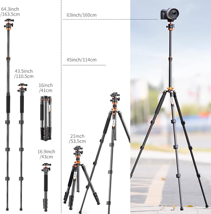 K&F Concept 63" Carbon Fiber Camera Tripods,D254C1+BH-28L Compact Tripod with Detachable Monopod, Metal Ball Head 22lbsLoad Capacity with Quick Release Plate for SLR DSLR Digital Camera/Camcorder