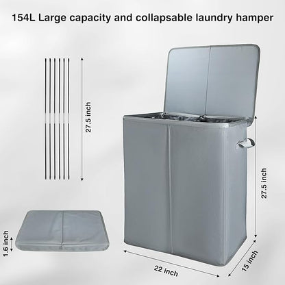 Voova 154L Double Laundry Hamper with Lid and 2 Removable Laundry Bags, Large Collapsible 2 Dividers Dirty Clothes Basket with Handles for Laundry Room, Bedroom, Bathroom, College Dorm, Grey