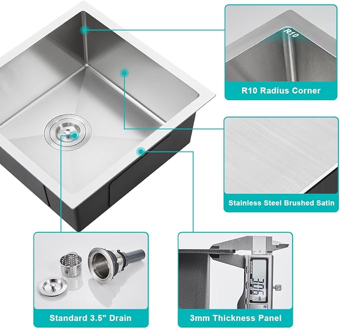 18 Inch Undermount Kitchen Sink Brushed, 18 Gauge T-304 Stainless Steel Handmade Single Bowl Kitchen Bar/Prep Sink Undermount, 18"x18"x9"