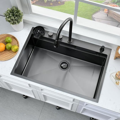 33 Inch Black Waterfall Drop In Kitchen Sink with Fuacet Combo-Bokaiya 33x22 Waterfall Kitchen Sink with Cup Washer Stainess Steel Top Mount 16 Gauge Deep Single Bowl Modern Kitchen Sinks