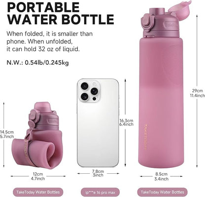 TakeToday Collapsible Water Bottles 32oz, Foldable Travel Water Bottle, BPA Free, Silicone Water Bottle Leakproof for Hiking, International Travel, Outdoors