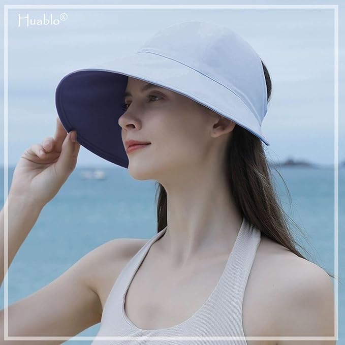 Sun Hats for Womens Wide Brim UV Protection Fishing Hats Packable Reversible Hollow Top Hat with Ponytail Beach Travel Hats