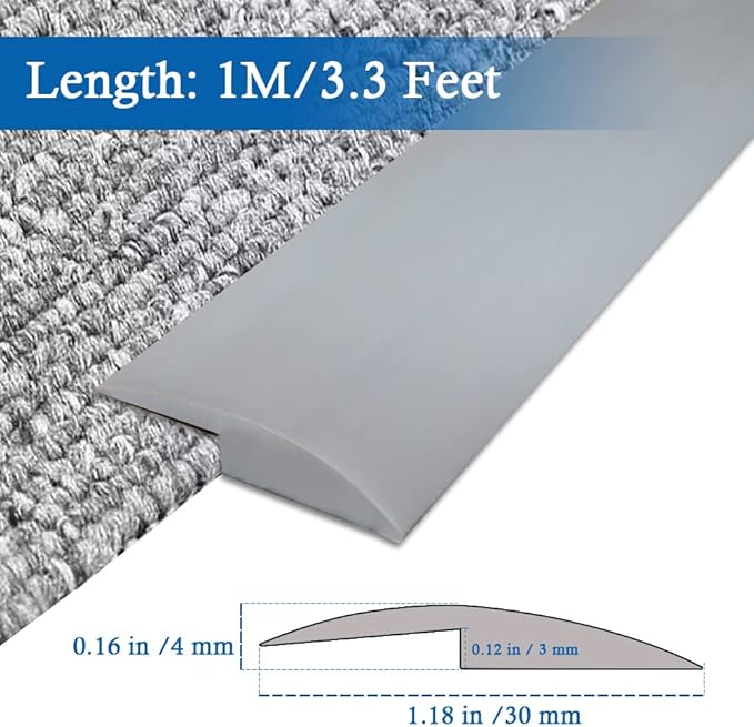 Floor Transition Strip Self Adhesive Carpet & Flooring Transitions Edging Trim Strip PVC Threshold Transitions Suitable for Threshold Height Less Than 3mm (3.3Ft, Gray)