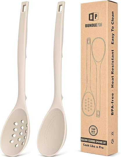 Pack of 2 Silicone Cooking Spoons, Non Stick Solid Kitchen Spoon by BUNDLEPRO