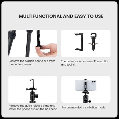 Fotopro 60" Carbon Fiber Tripod, Compact Lightweight Travel Tripod for DSLR Camera, Camera Tripod with Ballhead Quick Release Plate Carry Bag, with Detachable Monopod, Max Load 17.63lb