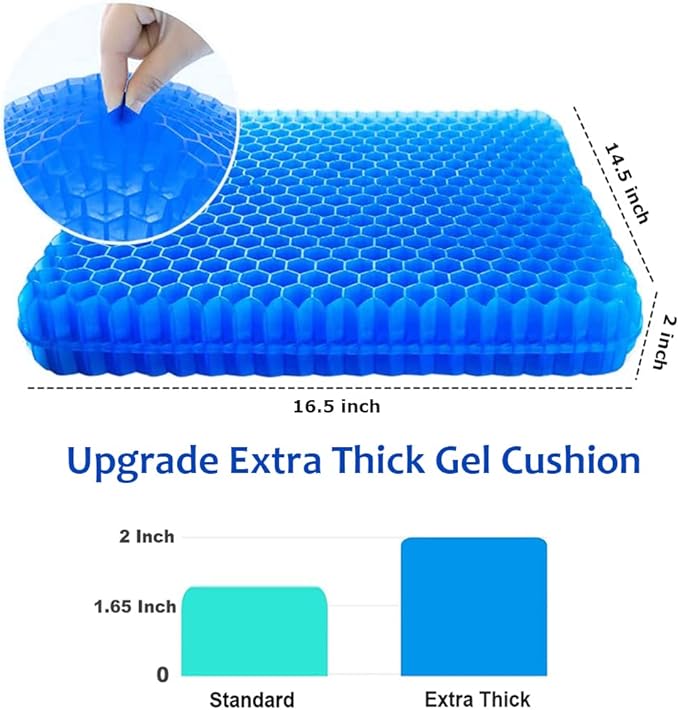 Gel Seat Cushion, Office Seat Cushion Chair Pads for Office Home Car Wheelchair Long Trips - Extra Thick Gel Cushion for Pressure Sores, Tailbone, Back, Sciatica Pain Relief (Extra Thick, Blue)