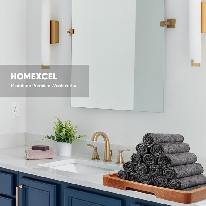 HOMEXCEL Microfiber Washcloths 24 Pack, Highly Absorbent and Soft Face Towel, Multi-Purpose Grey Wash Cloths for Bathroom, Hotel, Spa, Gym, and Kitchen, 12x12 Inch