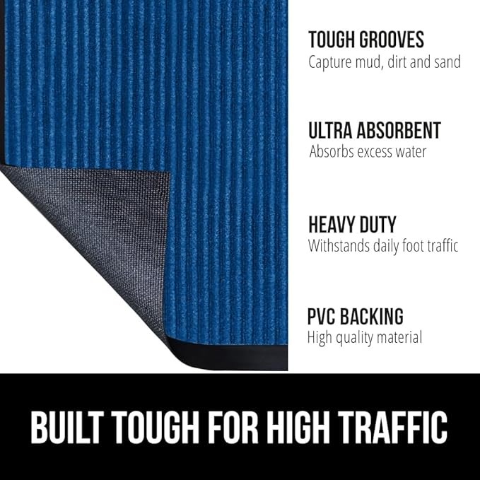 GORILLA GRIP Traffic Guard Door Mat, 59x24, Heavy Duty Welcome Mats, Commercial Office Space Doormat, Waterproof, Fade Resistant, Strong Rubber Backing, Low Profile, Shoe and Boot Scraper, Blue