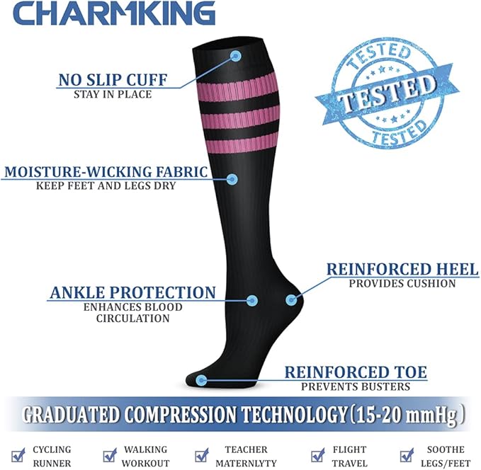 CHARMKING Compression Socks for Women & Men Circulation (3 Pairs) 15-20 mmHg is Best Support for Athletic Running Cycling