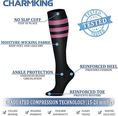 CHARMKING Compression Socks for Women & Men Circulation (3 Pairs) 15-20 mmHg is Best Support for Athletic Running Cycling
