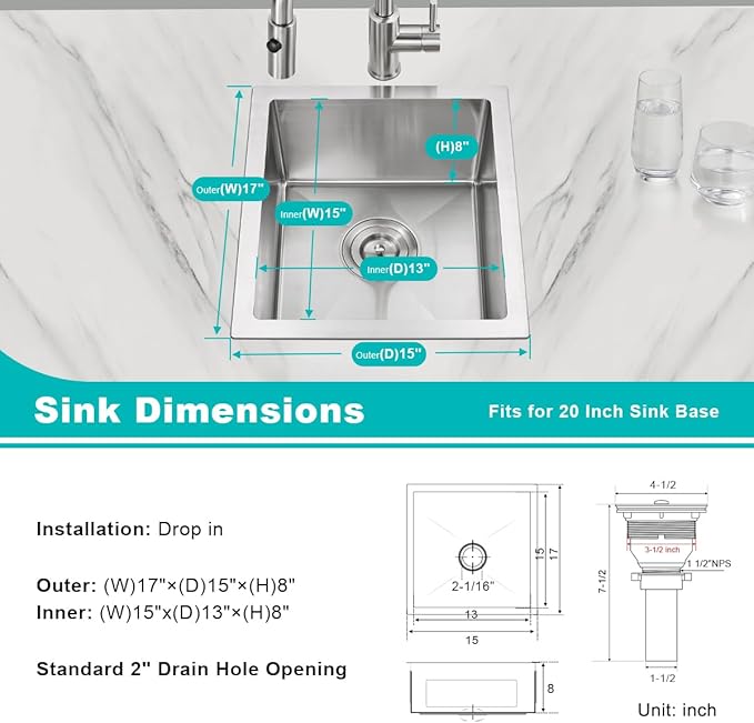 15 inch Undermount Bar Sink, Stainless Steel Handmade Single Bowl Kitchen Sink Undermount, D15" x W17" x H8"