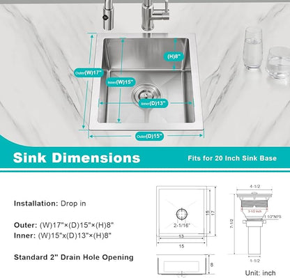 15 inch Undermount Bar Sink, Stainless Steel Handmade Single Bowl Kitchen Sink Undermount, D15" x W17" x H8"