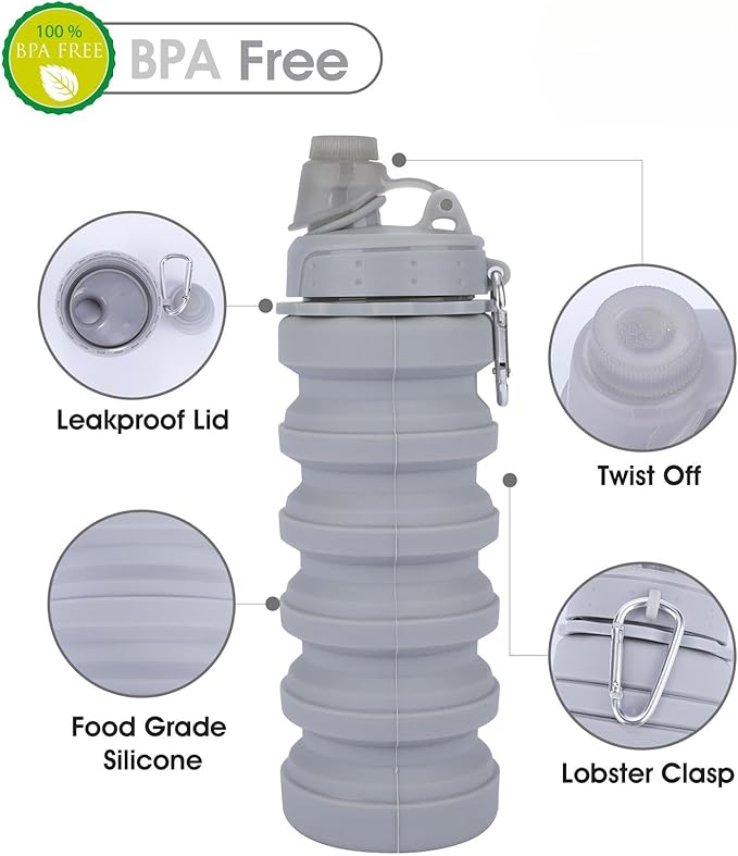 Collapsible Water Bottles for Kids, Students, Adults, Reusable BPA Free Silicone Foldable Sports Water Bottles for Travel Camping Hiking, Folding Travel Water Bottles, Gary