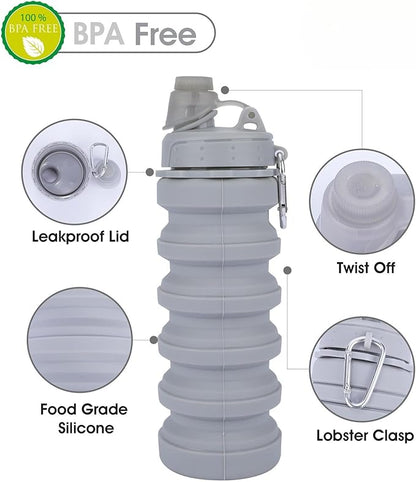 Collapsible Water Bottles for Kids, Students, Adults, Reusable BPA Free Silicone Foldable Sports Water Bottles for Travel Camping Hiking, Folding Travel Water Bottles, Gary